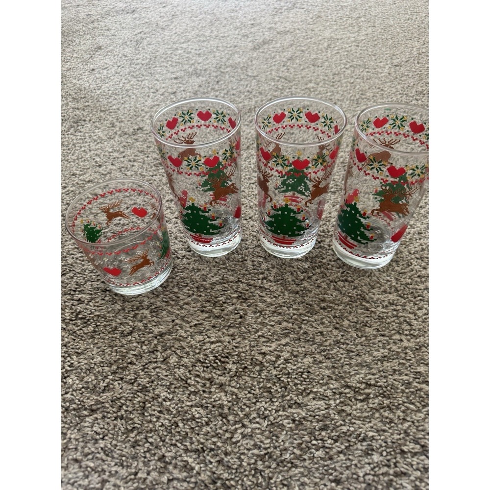 Vintage CHD 1984 Cross Stitch Christmas Tumbler Glass With Trees Reindeer Hearts